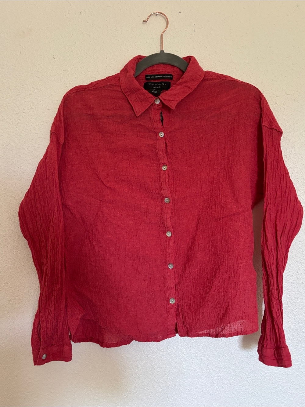 Cropped linen top button down textured